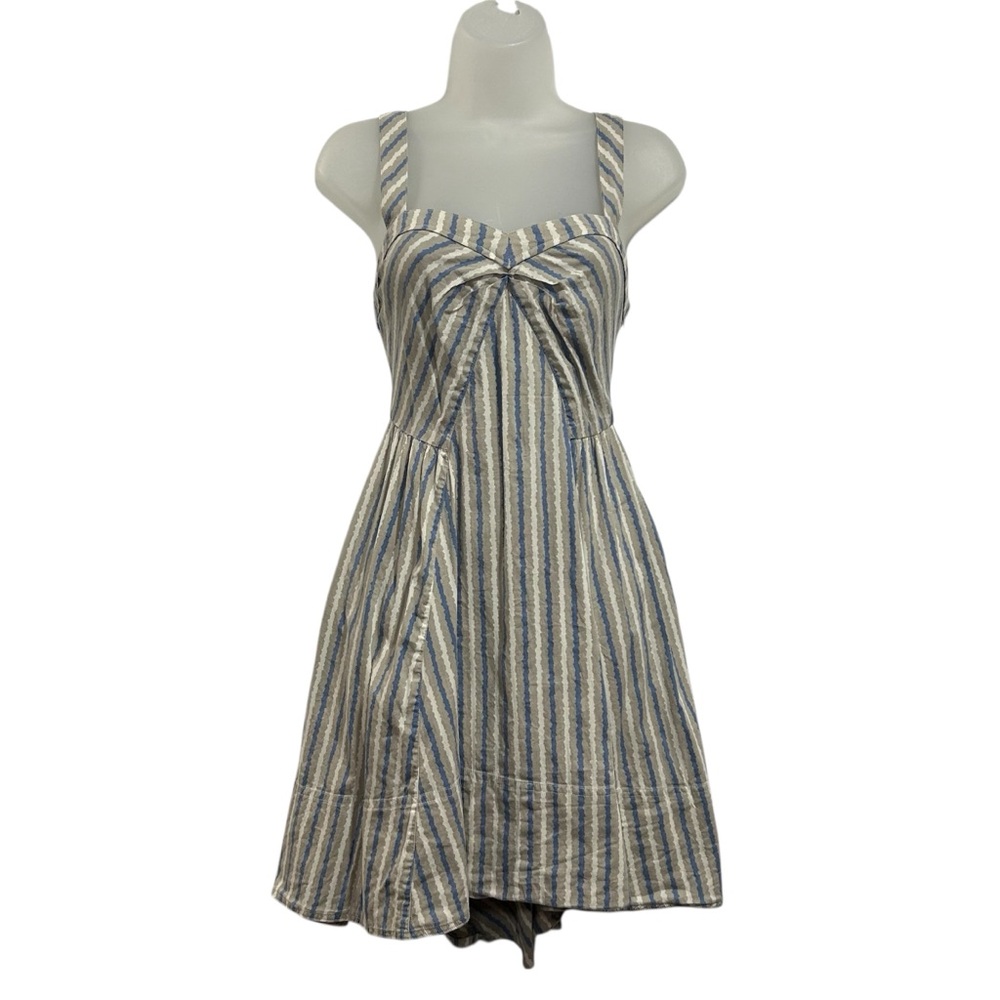Free People Beige Blue Striped Sleeveless Mini Dress Womens Size 2